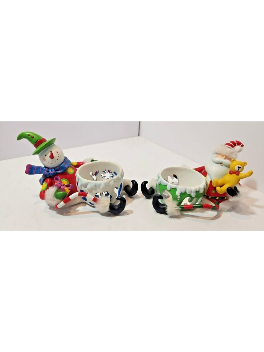 2 Vtg Home Interiors Santa Snowman Tea Light Candle Holders Holiday Christmas